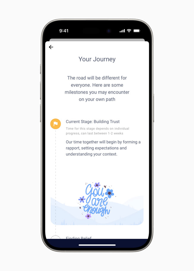 iPhone 15 Pro 中的 Wysa app 上显示标题为《Your Journey》（你的旅程）的界面。