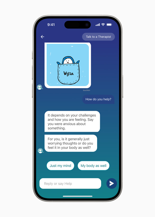 iPhone 15 Pro 显示 Wysa 中用户与心理医生的聊天。