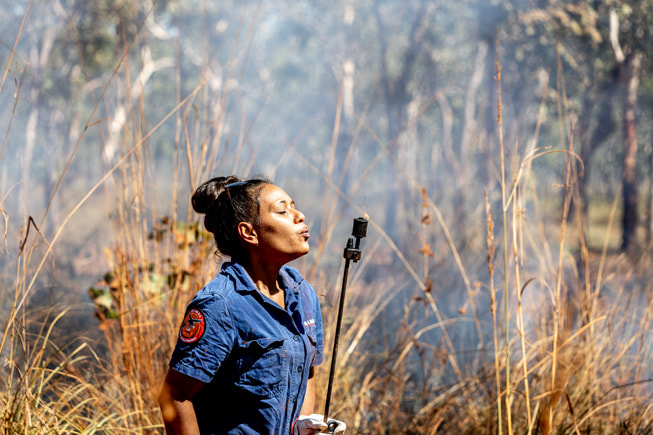 在 Mimal 土地管理区进行地面燃烧工作后，Josephine Austral 熄灭了滴液点火器。