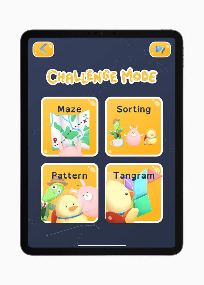 iPad 游戏《WonderJack》截图，画面上有“挑战模式”字样及四个按钮：迷宫、分类、模式和七巧板。
