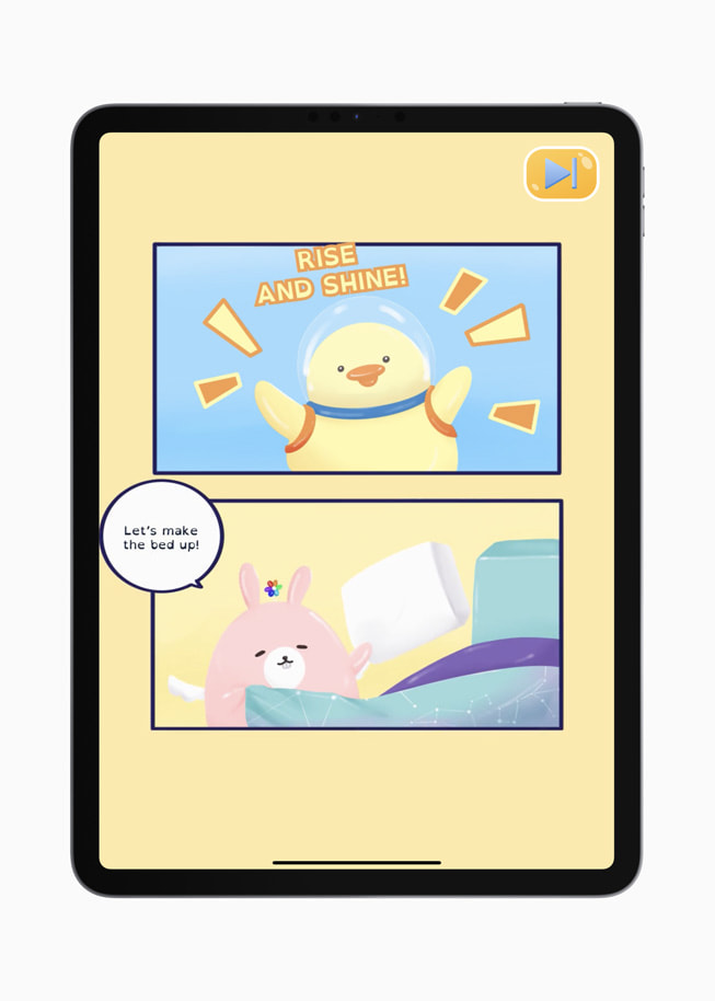 iPad 游戏《WonderJack》里的七巧板界面，包括两个画格组成的漫画。第一个画格里，一只小鸡说“起床开始一天吧”；第二个画格里，一只小熊说“我们来铺床吧”。