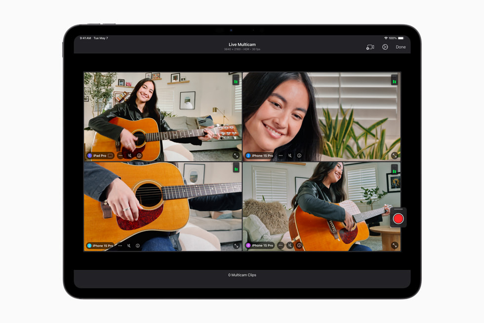 iPad Pro 上展示 iPad 版 Final Cut Pro 2 中的实时多机位功能。
