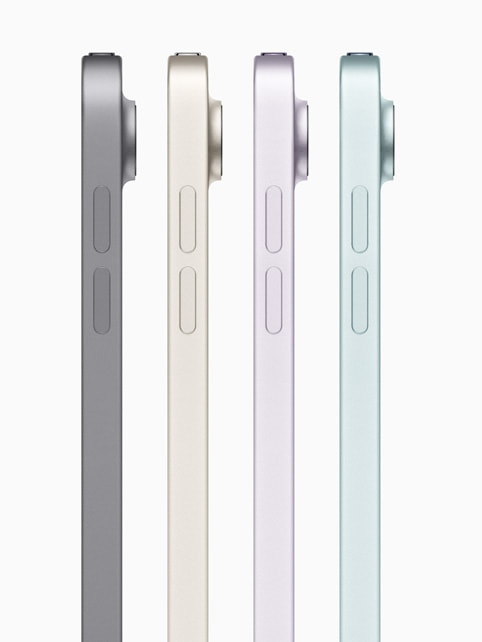 新款 iPad Air 的四种炫彩外观的侧视图。