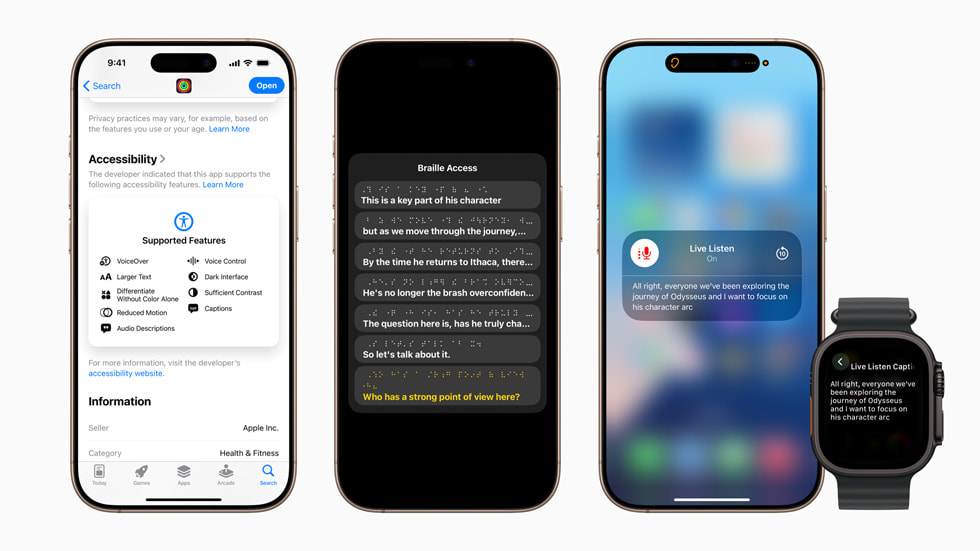 iPhone 上显示着辅助功能信息标签、盲文访问和实时收听功能；Apple Watch 上显示着实时字幕功能。