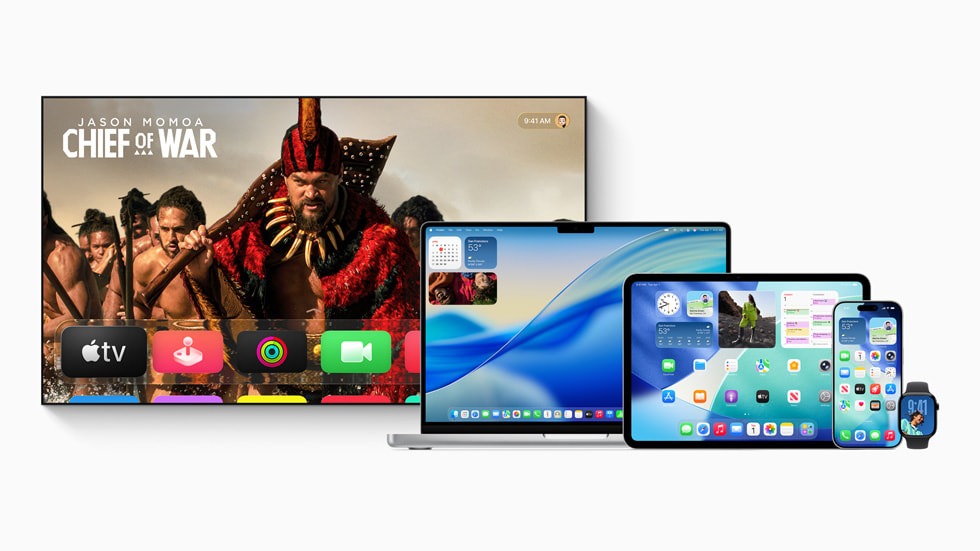 Apple TV、MacBook Pro、iPad Pro、iPhone 17 Pro 和 Apple Watch Series 11 上显示着 Apple 各大软件平台。