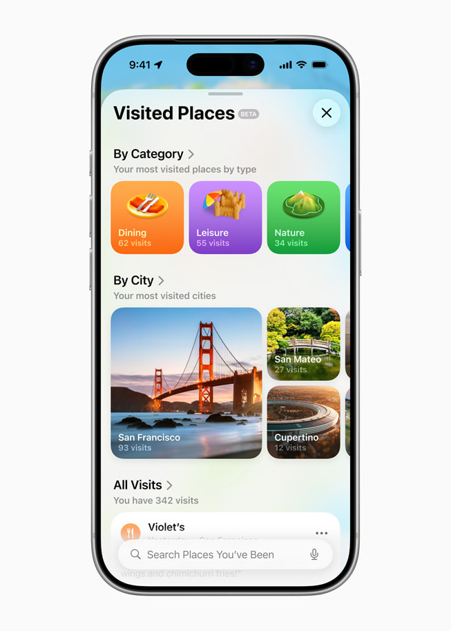 iPhone 17 Pro 显示着地图 app 里的曾去地点功能。