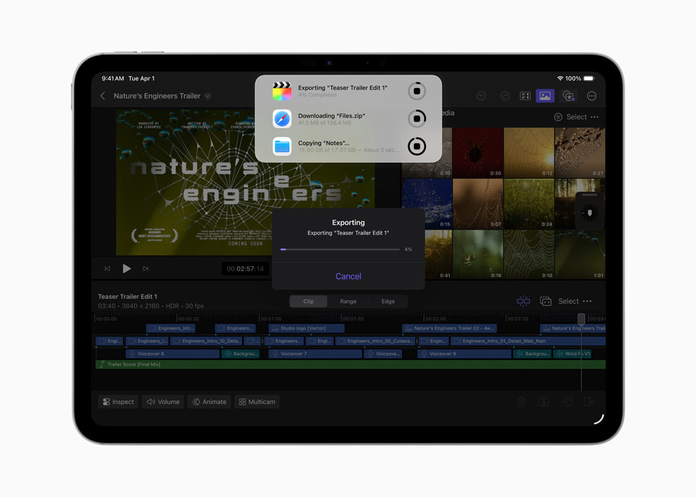 iPad Pro 显示着后台运行的任务，包括正在进行的导出、下载和拷贝进程。
