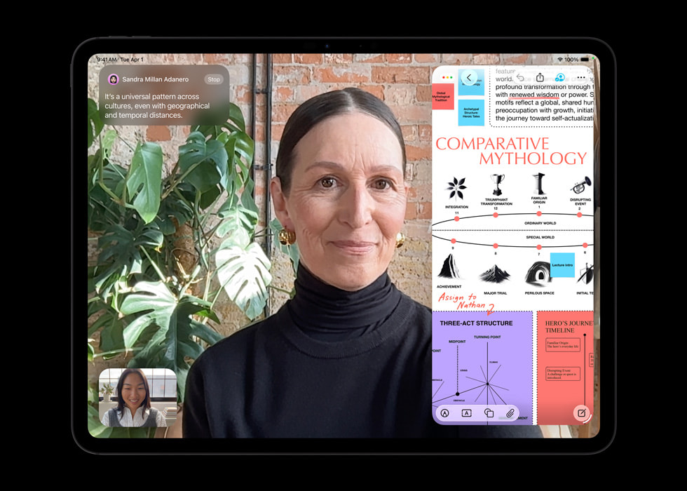 搭载 M5 芯片的新款 iPad Pro 上展示 FaceTime 通话。