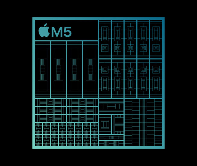 图片展示黑色背景下的 Apple M5 芯片。