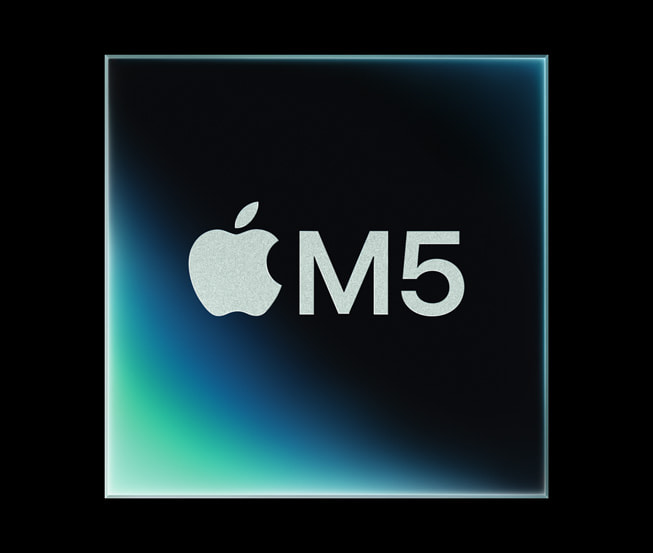 图片展示黑色背景下的 Apple M5 芯片。