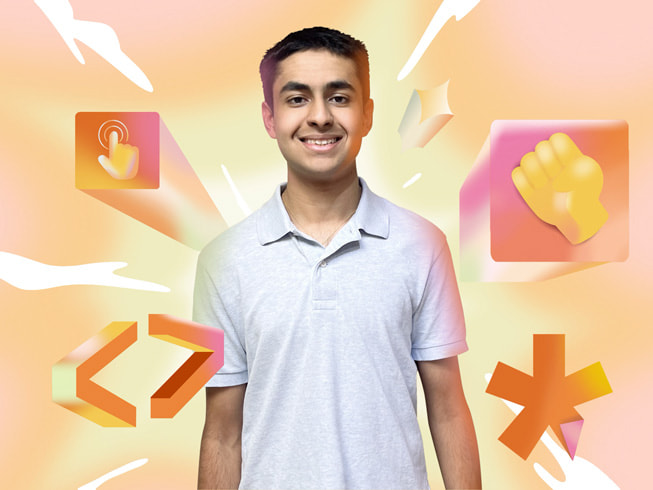 Adrit Rao 身穿灰色 Polo 衫，对镜头露出笑容。