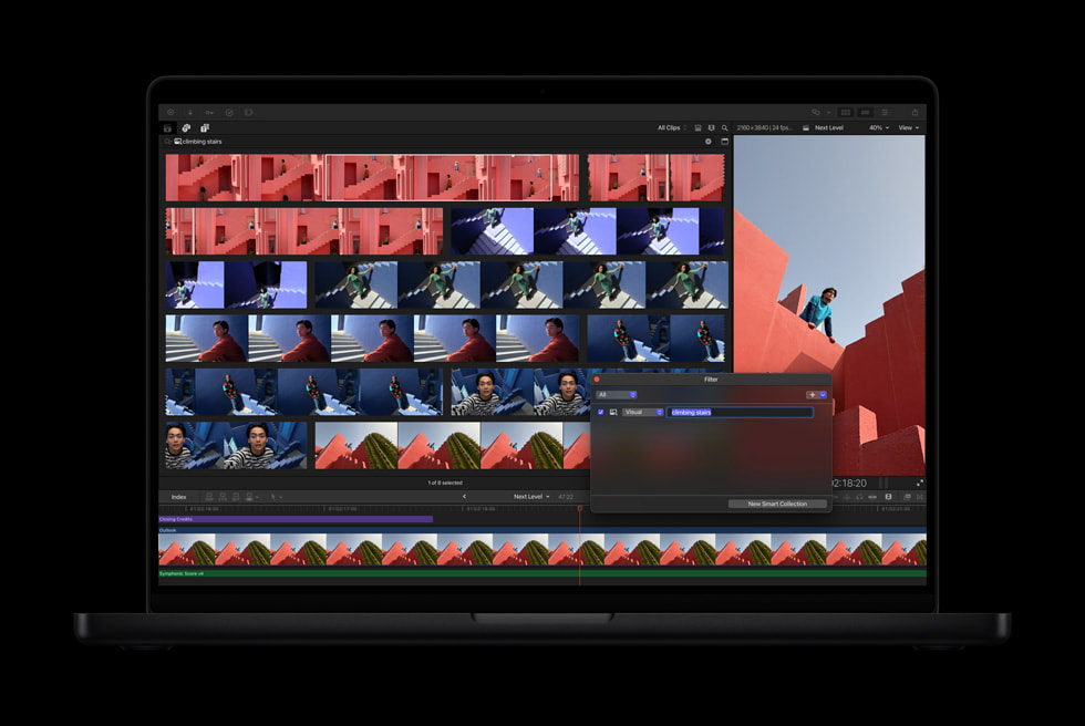 一台深空黑色 MacBook Pro 上显示着 Final Cut Pro 的视觉搜索功能。