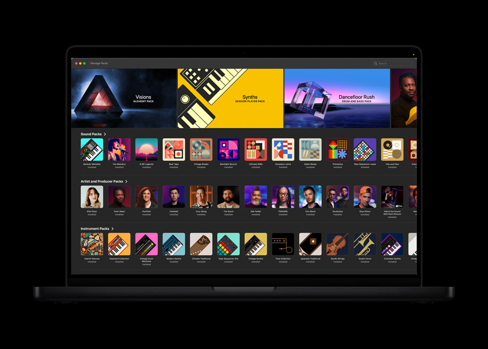 MacBook Pro 上显示着 Logic Pro 中的声音资源库。