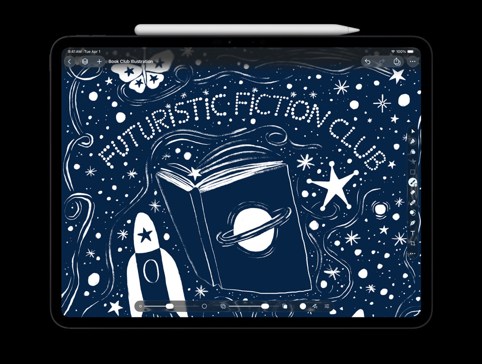 吸附着 Apple Pencil 的 iPad Pro 上显示着 Pixelmator Pro 中的项目。