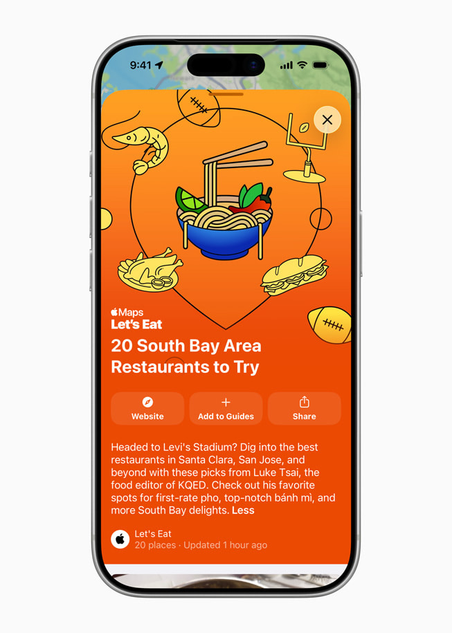 在 iPhone 17 Pro 上，Apple 地图 app 显示着 Luke Tsai 的“Let’s Eat”指南：湾区南部值得一试的餐馆。