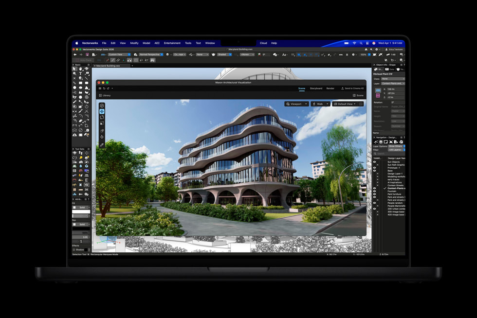 MacBook Pro 上展示着正在 Vectorworks 中进行渲染的一栋建筑物。