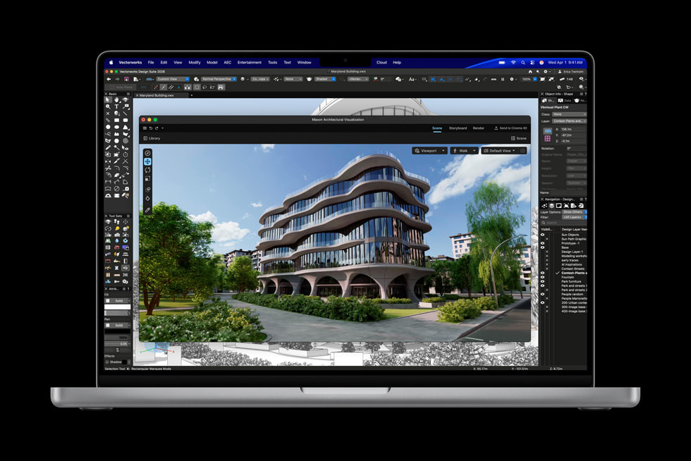 MacBook Pro 上展示着正在 Vectorworks 中进行渲染的一栋建筑物。