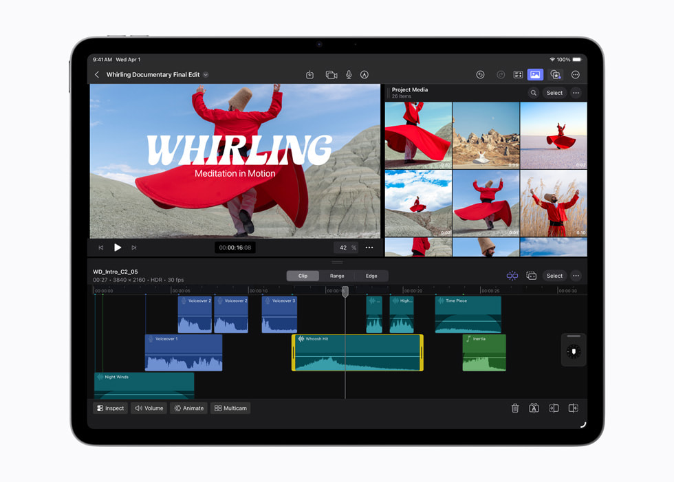 在搭载 M4 芯片的 iPad Air 上使用 Final Cut Pro app 剪辑纪录片素材。
