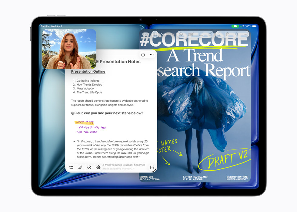 搭载 M4 芯片的 iPad Air 上显示 FaceTime 通话、备忘录界面，以及在预览 app 中打开的 PDF 文档。