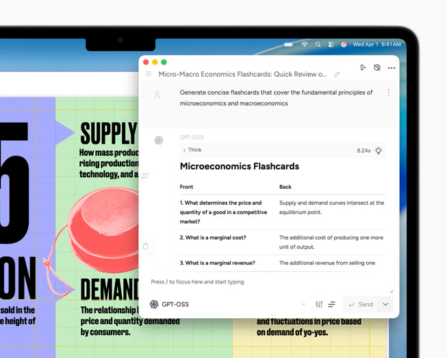 MacBook Air 的 Msty Studio 界面上显示着微观经济学闪卡。