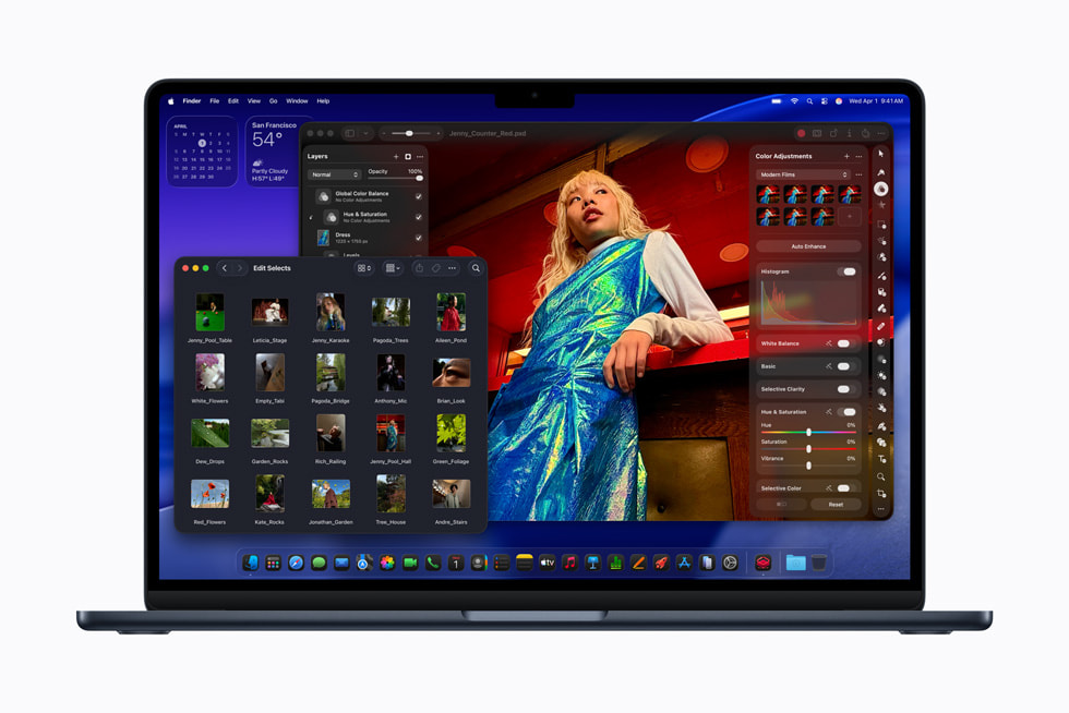 MacBook Air 上显示着 Pixelmator Pro 界面和一组照片。