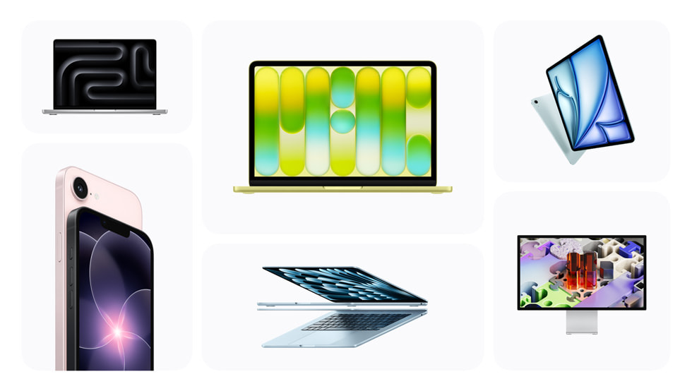 展示 Apple 新产品，从左上角起，顺时针方向依次为：MacBook Pro、MacBook Neo、iPad Air、Studio Display XDR、MacBook Air 和 iPhone 17e。