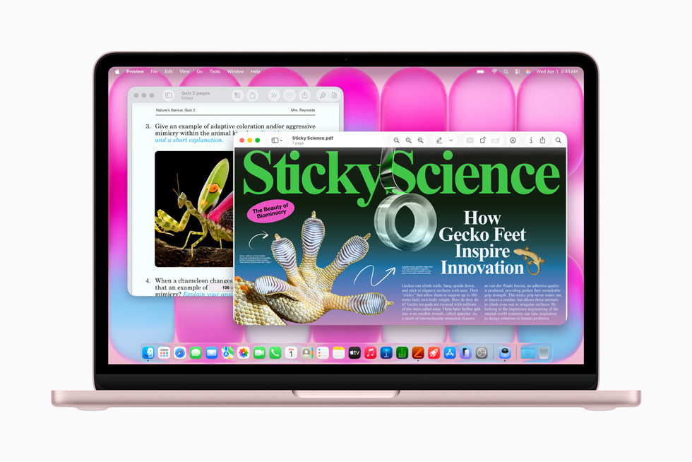 一位用户在桃粉色 MacBook Neo 上创建名为“Sticky Science”的演示文稿。