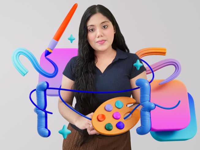 Gayatri Goundadkar 拿着数字画家的调色盘，旁边是多彩的 3D 插画，包括画笔和代表颤动被修正的波浪线。