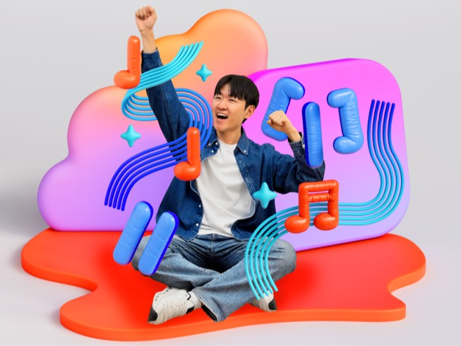 Yoonjae Joung 举着一只手臂欢呼，身边是多彩 3D 插画，包括音符、中提琴和声波。