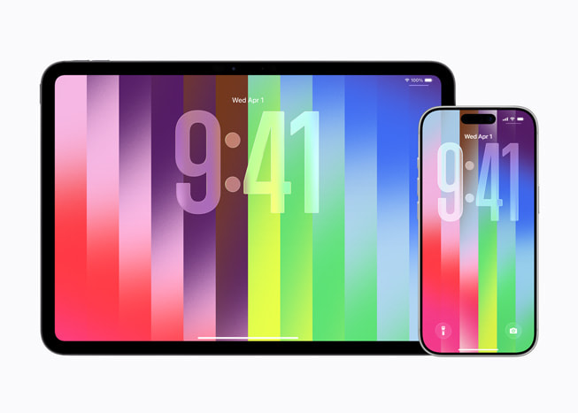 11 英寸 iPad Pro 和 iPhone 17 Pro 上显示着新 Apple Watch 彩虹系列配套墙纸。