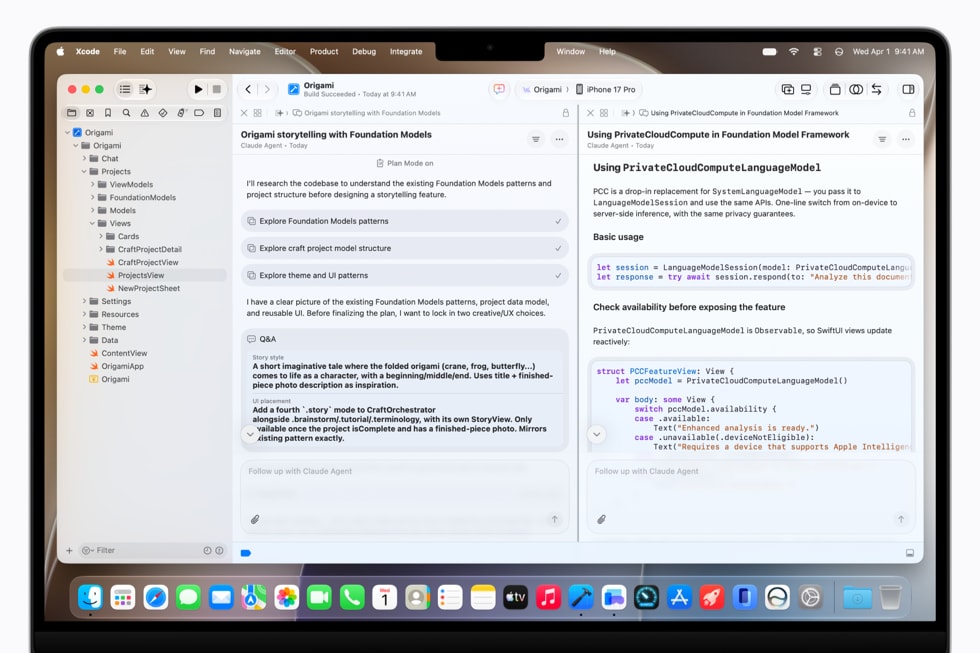 MacBook Pro 上展示着 Xcode 27 的编程窗口。