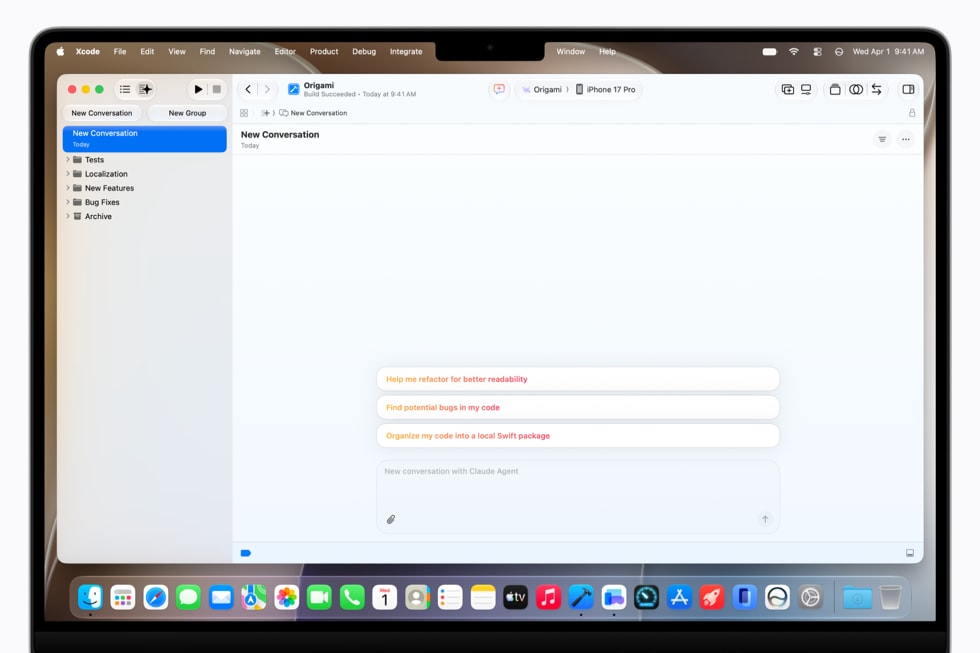 MacBook Pro 上展示着 Xcode 27 的新对话页面。