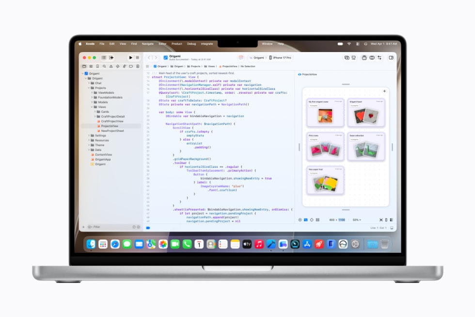MacBook Pro 上展示着 Xcode 27 的编码界面。