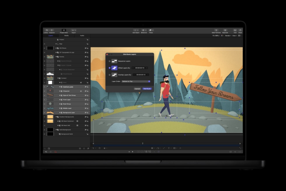 显示 Motion 中 Distribute Layers 功能的 MacBook Pro。
