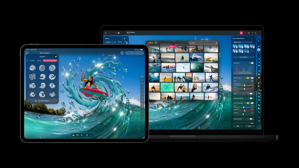iPad Pro 上展示着形状生成功能，MacBook Pro 上展示着内容中心。
