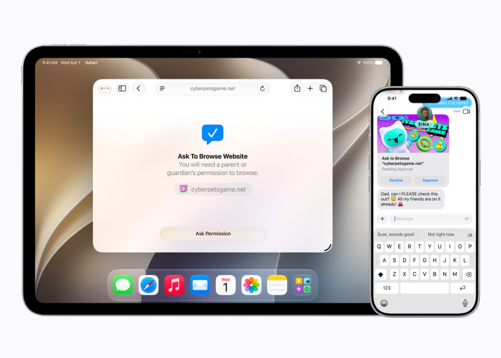 一部 11 英寸 iPad Pro 上展示着一条“请求浏览”提示，一部 iPhone 17 Pro 上展示着信息 app 内的批准请求。
