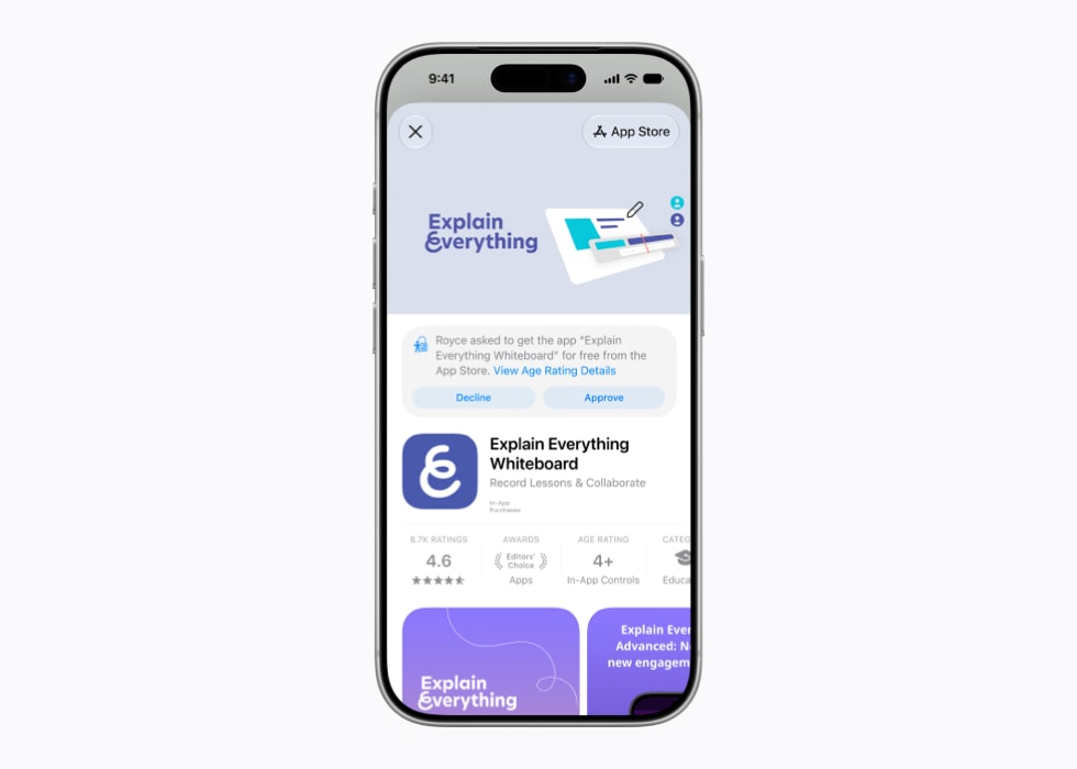 iPhone 17 Pro 的屏幕上展示着在 App Store 中下载 Explain Everything Whiteboard app 的“购买前询问”提示。