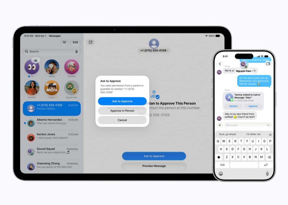 一部 11 英寸 iPad Pro 上的信息 app 中显示着一条“请求批准”提示，一旁的 iPhone 17 Pro 上则同样在信息 app 中显示着对应的批准请求。