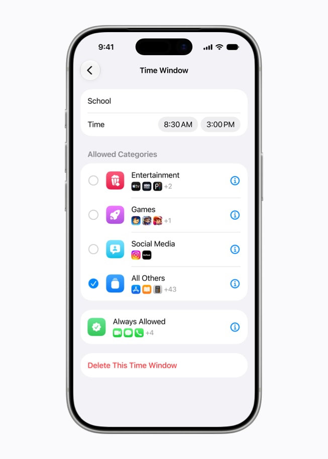 iPhone 17 Pro 的屏幕上展示着 Time Window 的设置选项。
