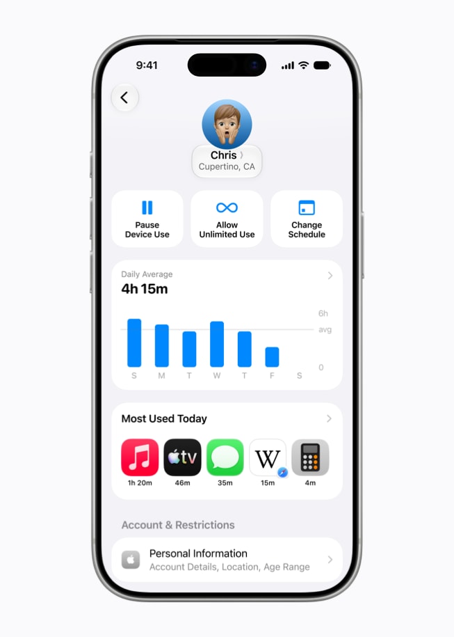 iPhone 17 Pro 的屏幕上展示着经过重新设计的屏幕时间功能，其中显示着每日平均使用时间、最常使用的 app 以及停用设备的控制选项。
