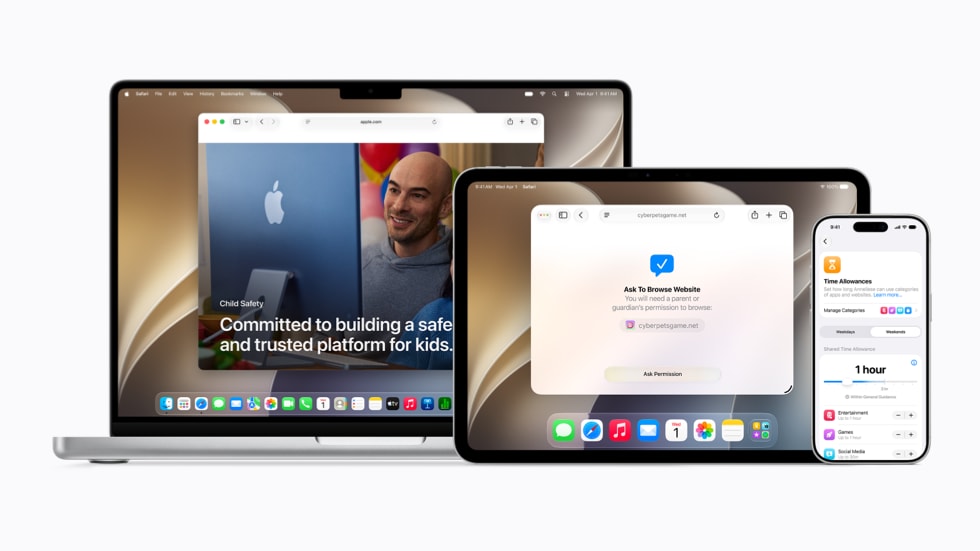一部 14 英寸 MacBook Pro、一部 11 英寸 iPad Pro 和一部 iPhone 17 Pro 并排陈列，屏幕上分别展示着 Apple 最新的儿童安全功能。
