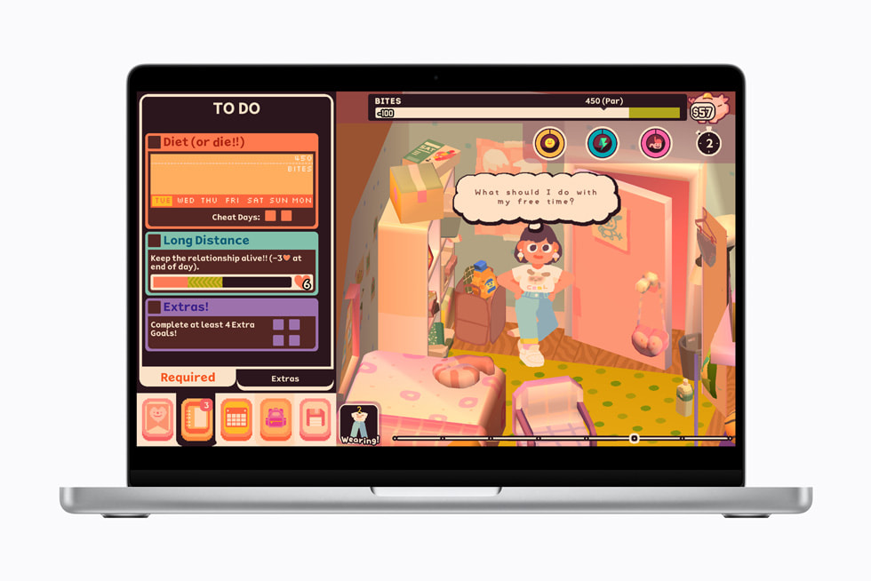 14 英寸 MacBook Pro 运行的 Consume Me 游戏中显示着一个角色在凌乱浴室里的俯视图。