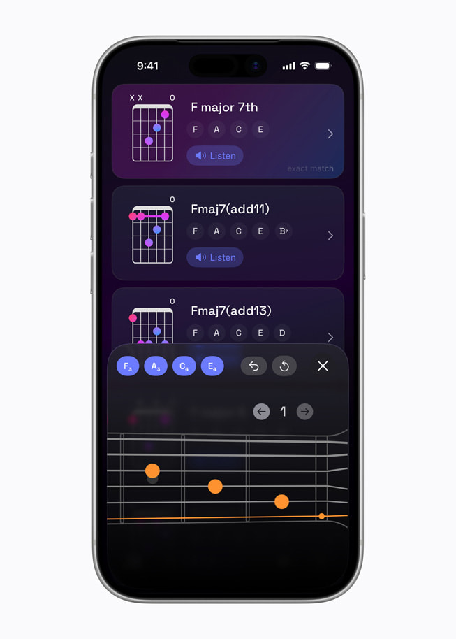 iPhone 17 Pro上的 Guitar Wiz app 显示吉他和弦图和指法。