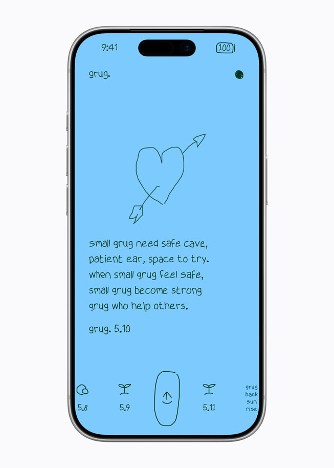 iPhone 17 Pro 上的 grug app 显示着浅蓝色界面，上面有一颗被箭刺穿的心和一首短诗。
