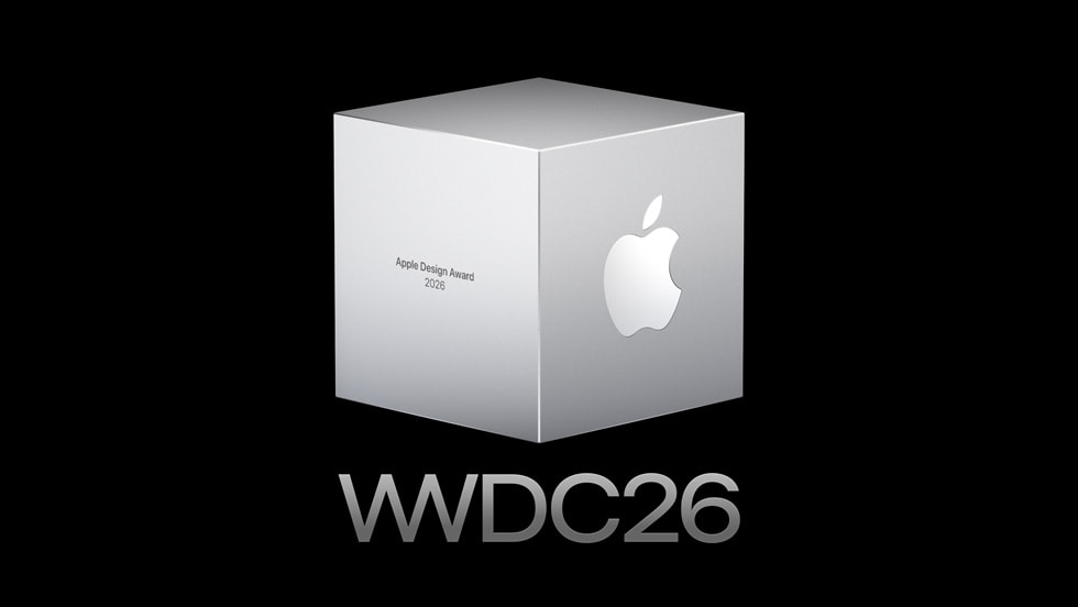 一个白色立方体，侧面是 Apple 标志，正面是“WWDC26”字样，背景是黑色。