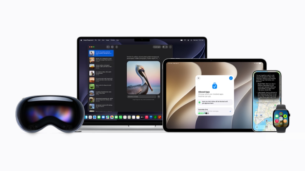 Apple Vision Pro、MacBook、iPad、iPhone 和 Apple Watch 的照片。