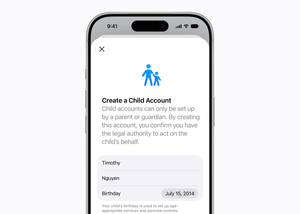 iPhone 17 Pro 上显示着儿童账户设置页面。