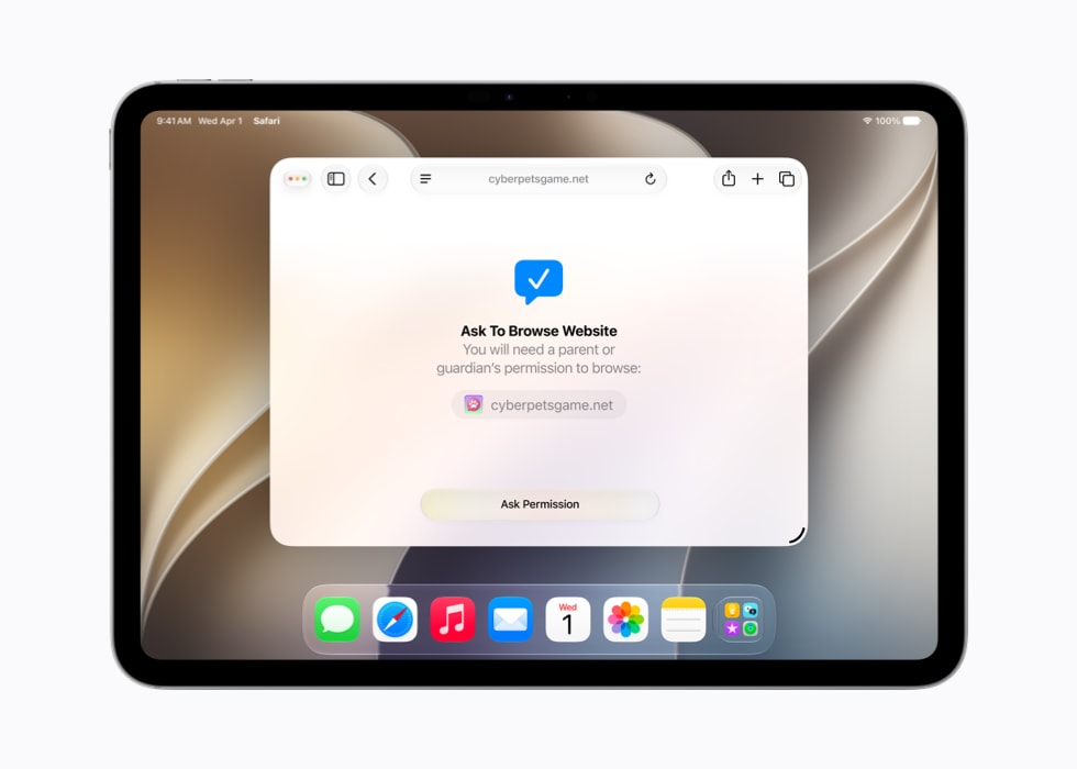 iPad 在一个网站上方显示“请求浏览”提示,内容为“你需要获得家长或监护人的许可才能浏览”。