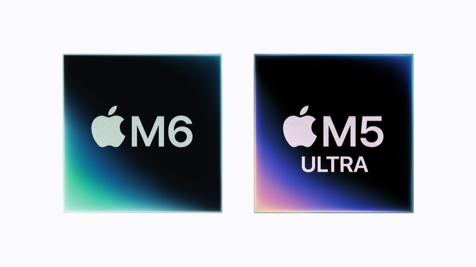 Apple M6 芯片和 Apple M5 Ultra 芯片并排展示。