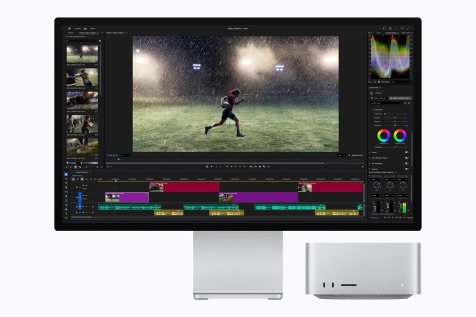 配备 Studio Display 的 Mac Studio 上显示着 Adobe Premiere Pro 中剪辑的视频时间线。